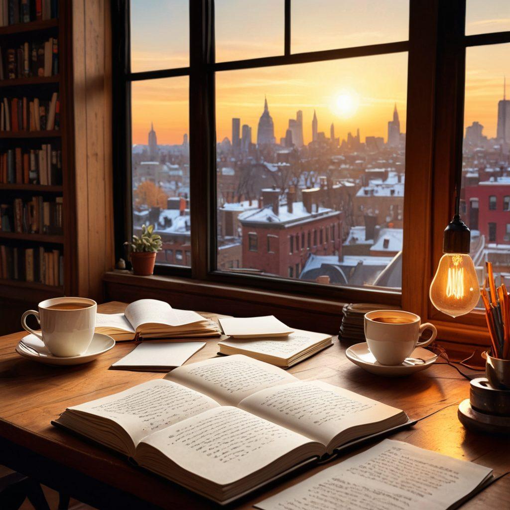 A thoughtful reviewer seated at a cozy desk littered with books and a steaming cup of coffee, surrounded by vibrant light bulbs representing ideas. A large window reveals a cityscape, hinting at diverse opinions outside. The scene conveys introspection and curiosity, with a notebook open showcasing handwritten notes. super-realistic. warm color palette. soft lighting.