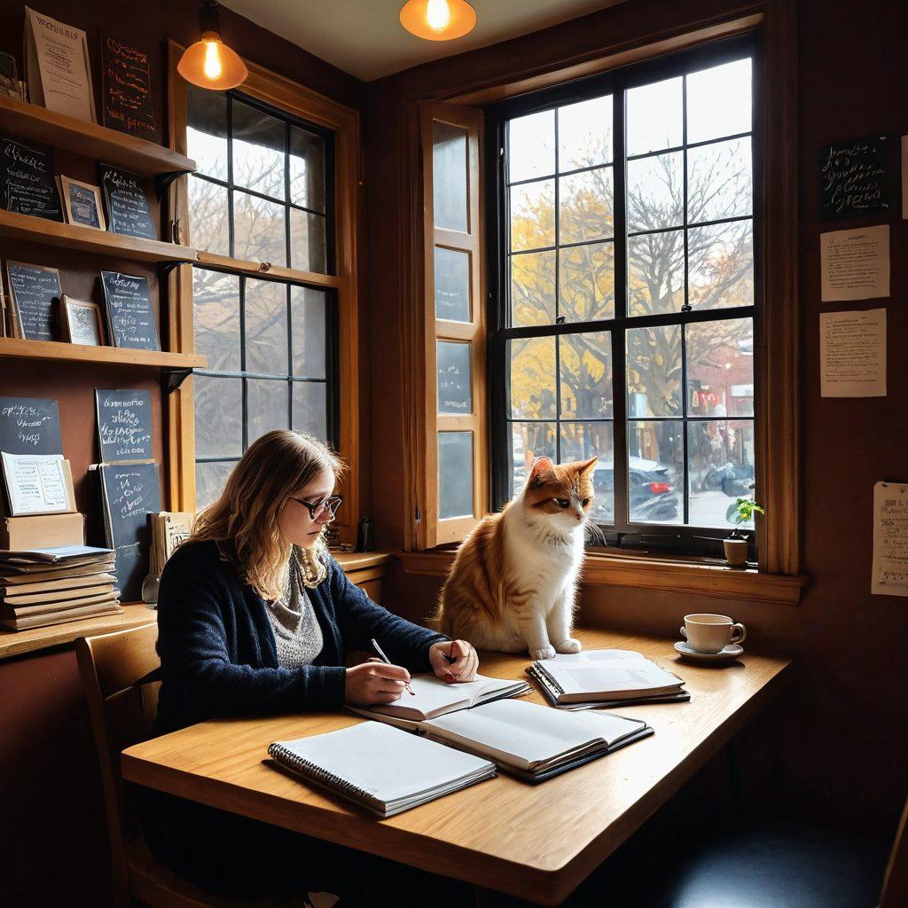A cozy café setting with a writer surrounded by notebooks and a laptop, thoughtfully reviewing critiques while sipping coffee. In the background, a chalkboard displays glowing recommendations, with warm light filtering through large windows. Include a cat lounging nearby for a homely touch. vibrant colors. cozy atmosphere. painting.