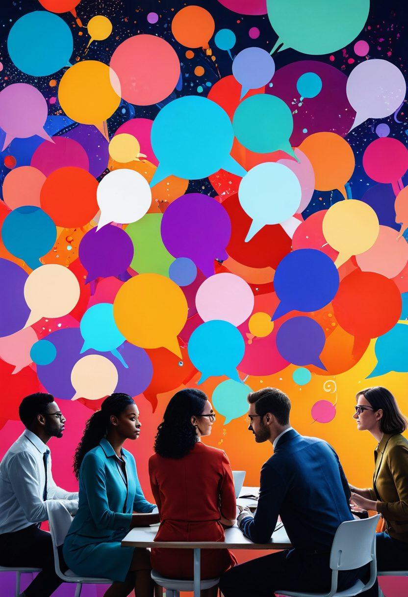 A collage depicting diverse individuals engaging in discussions, surrounded by thought bubbles containing symbols of evaluations like check marks, scales, and question marks. Bright colors to reflect dynamic conversations, with a background blending abstract representations of ideas transforming into choices. Incorporate elements of light and connectivity to symbolize the exchange of perspectives. super-realistic. vibrant colors. 3D.
